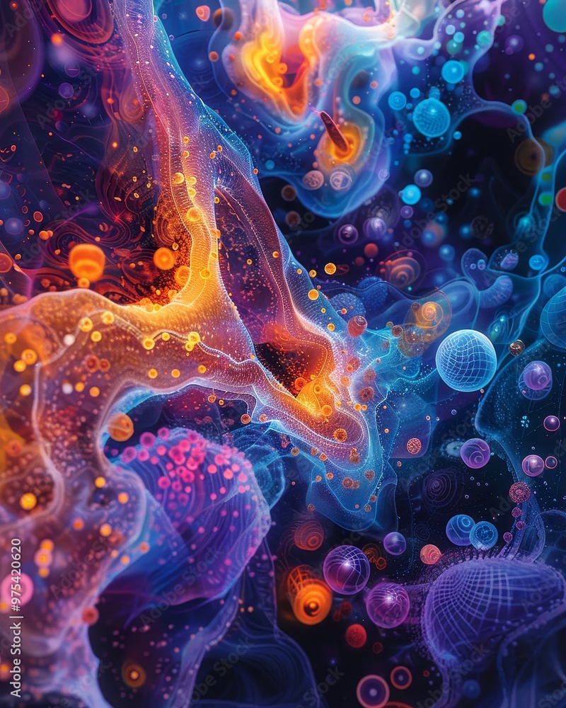 Poster colorful abstract patterns with vibrant swirls and luminous bubbles create a mesmerizing visual expe