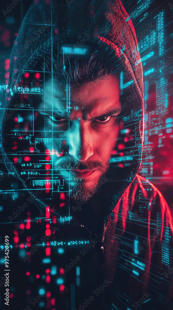Poster a hacker breaking through digital firewall, surrounded by glowing data streams and code. intense exp