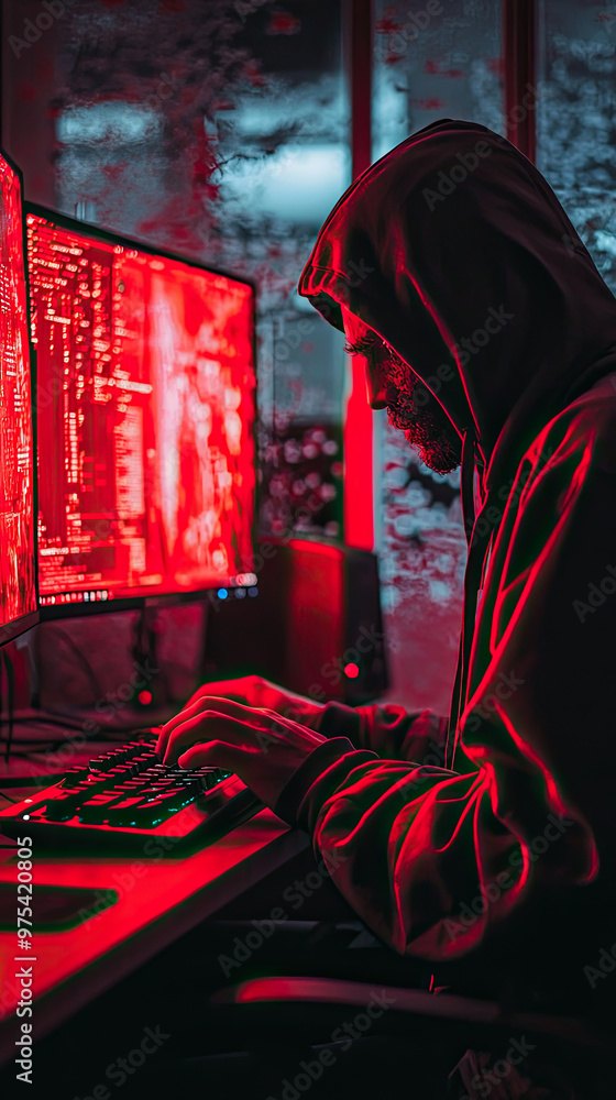 Poster a hacker typing on computer in dimly lit room, surrounded by glowing red screens, creates an intense