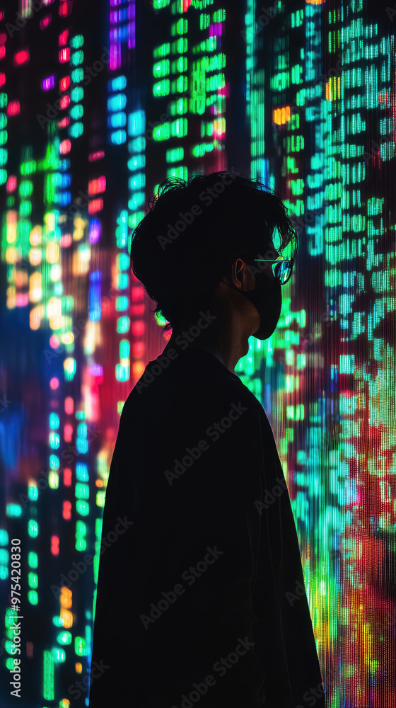 Poster a silhouette of person against vibrant backdrop of neon computer code, creating futuristic and tech 