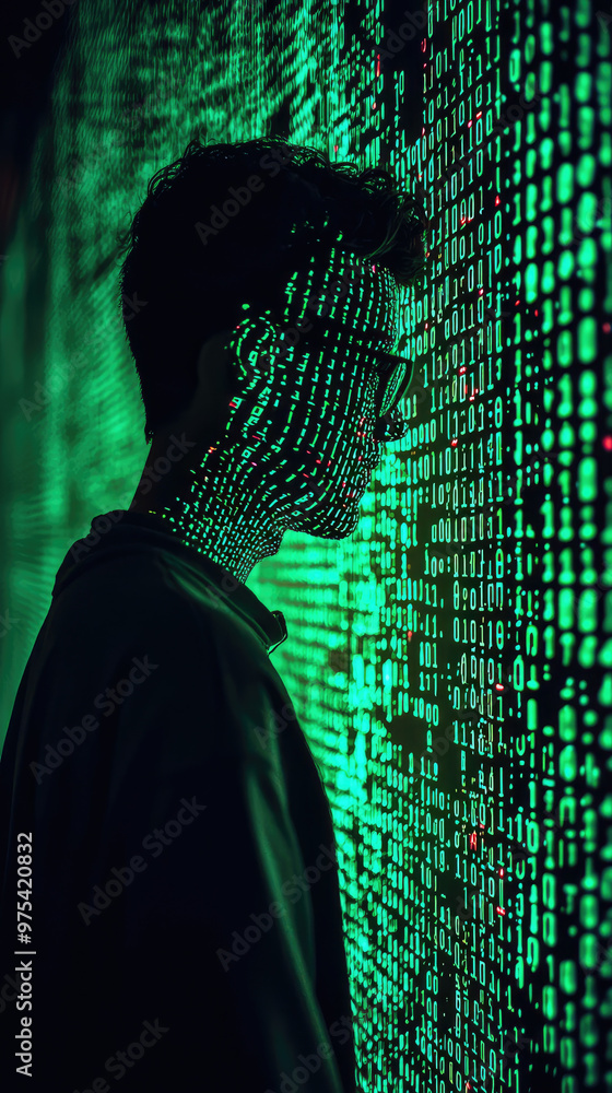 Poster a silhouette of person against backdrop of glowing green binary code creates striking visual. interp