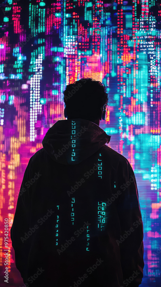 Poster a silhouette of person stands against vibrant backdrop of neon computer code, creating striking cont