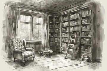 Cozy library interior featuring a comfortable chair, bookshelves filled with books, and a ladder for reaching high shelves.