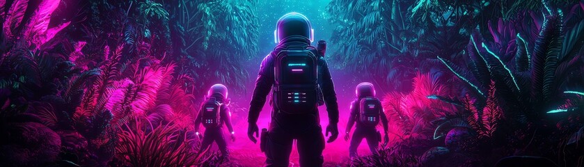 Three astronauts explore a vibrant alien jungle illuminated by neon lights, creating a surreal and captivating atmosphere.
