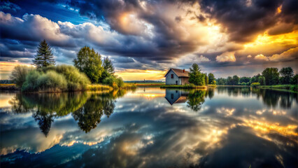 Fototapeta premium Stunning Lakeside Cottage with Dramatic Sky and Reflections, Serene Landscape