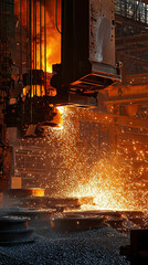 image captures heavy duty industrial factory producing steel and metal, showcasing molten material and sparks flying in dynamic environment. intense heat and energy create powerful atmosphere