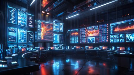 Futuristic control room with vibrant screens displaying data and graphs in a high-tech environment.