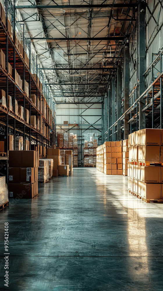 Poster a spacious industrial warehouse filled with neatly stacked boxes ready for shipment. sunlight stream