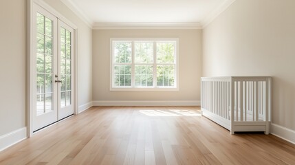 Fototapeta premium Sunlit room with warm wooden flooring, large windows, and elegant French doors leading to the outdoors, offering a peaceful and inviting atmosphere