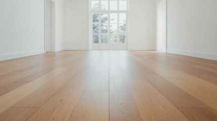 Obraz premium Modern empty room with smooth wooden flooring and large windows, allowing abundant natural light, perfect for design inspiration or architectural use