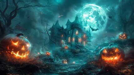 Obraz premium Spooky night scene with glowing pumpkins, a haunted house, and a full moon, perfect for Halloween themed visuals.