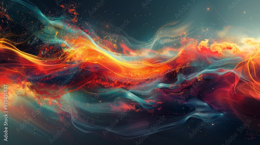 Poster vibrant abstract art featuring flowing waves of color, blending seamlessly to create a captivating v