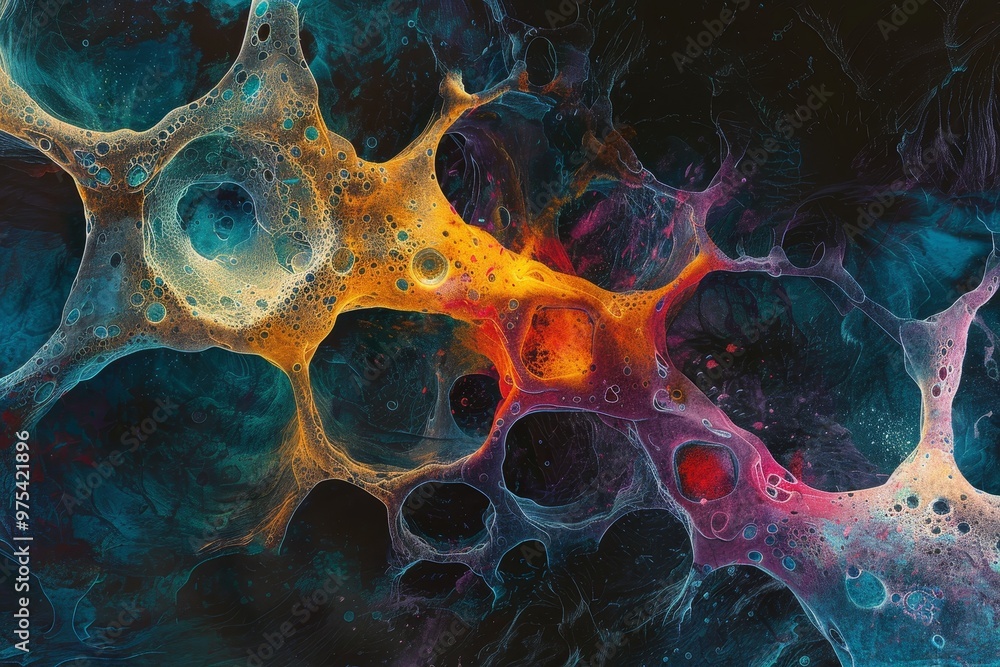 Poster vibrant abstract art showcasing colorful bubbles and shapes, creating a dynamic fluid design with a 