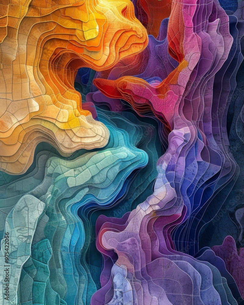 Poster vibrant abstract artwork featuring layered shapes in a spectrum of colors, creating a dynamic and ha
