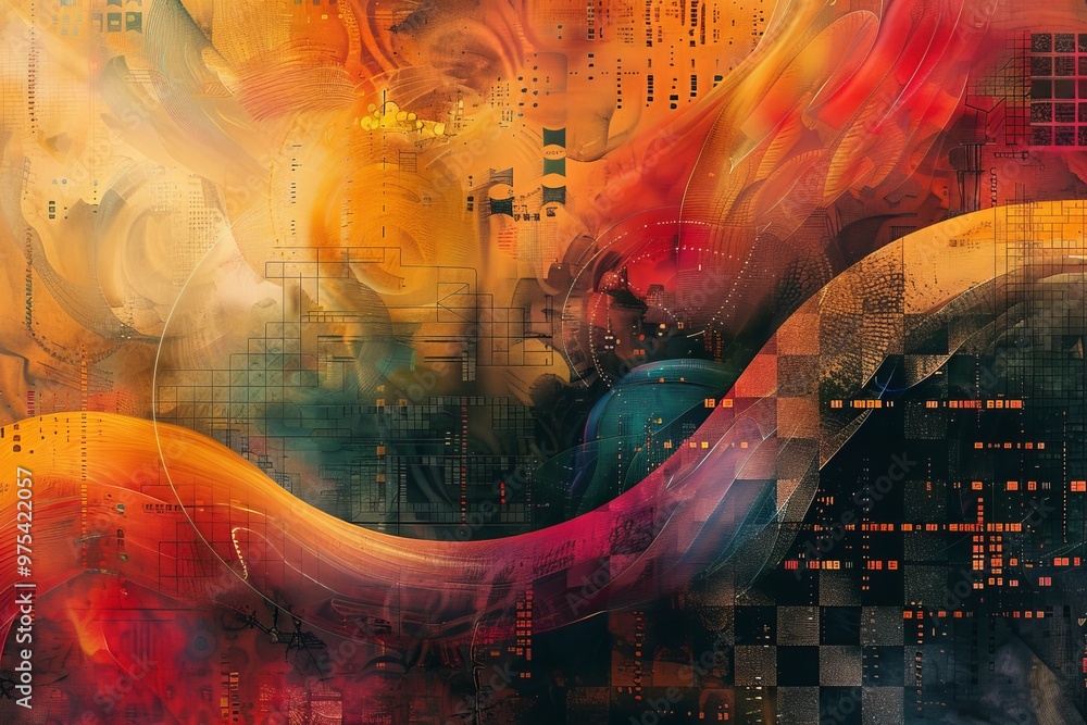 Poster vibrant abstract artwork featuring swirling colors and geometric patterns, creating a dynamic and en