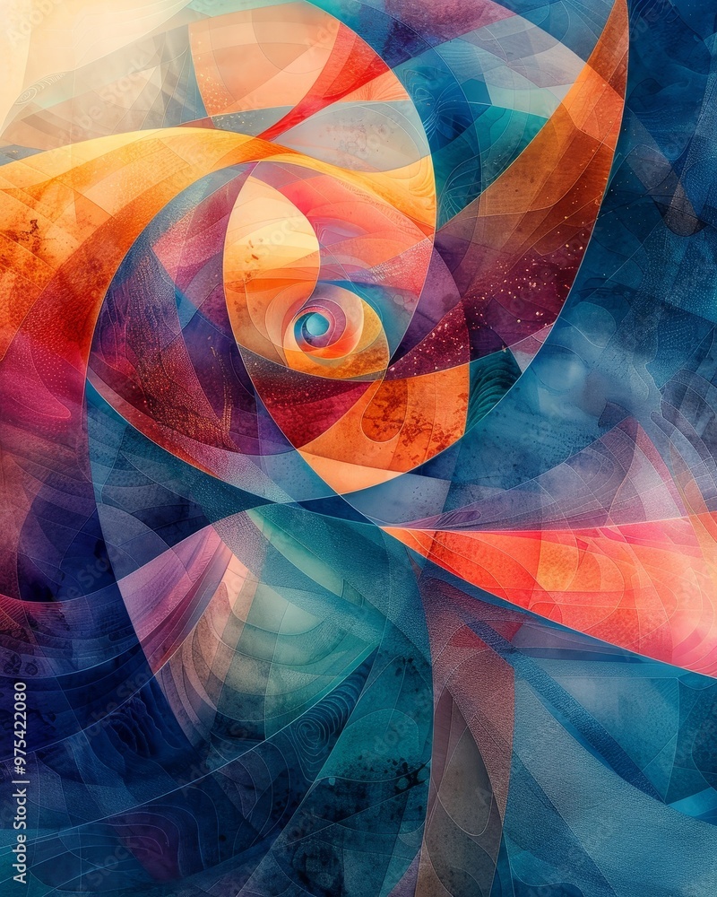 Poster vibrant abstract artwork featuring swirling shapes and colors, evoking movement and depth in a dynam
