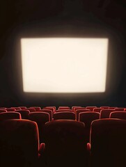 Fototapeta premium Glowing large screen in a dark movie theater with red seats, creating a cinematic experience with ambient lighting and a focus on the screen