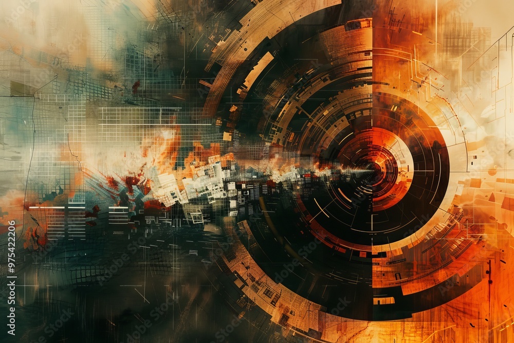 Poster vibrant abstract circular design with layers of color and texture, capturing the essence of technolo