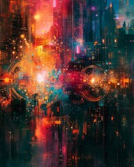 Vibrant abstract cityscape with colorful lights and patterns, showcasing a futuristic urban environment bursting with energy.