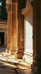 Ancient columns and marble tablet etched with Stoic teachings create serene atmosphere in this historical site. warm light enhances beauty of architecture and inscriptions