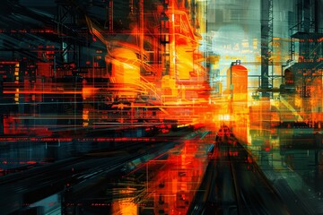 Fototapeta premium Vibrant abstract composition showcasing dynamic lines and bold colors, symbolizing technology and modernity in a digital landscape.
