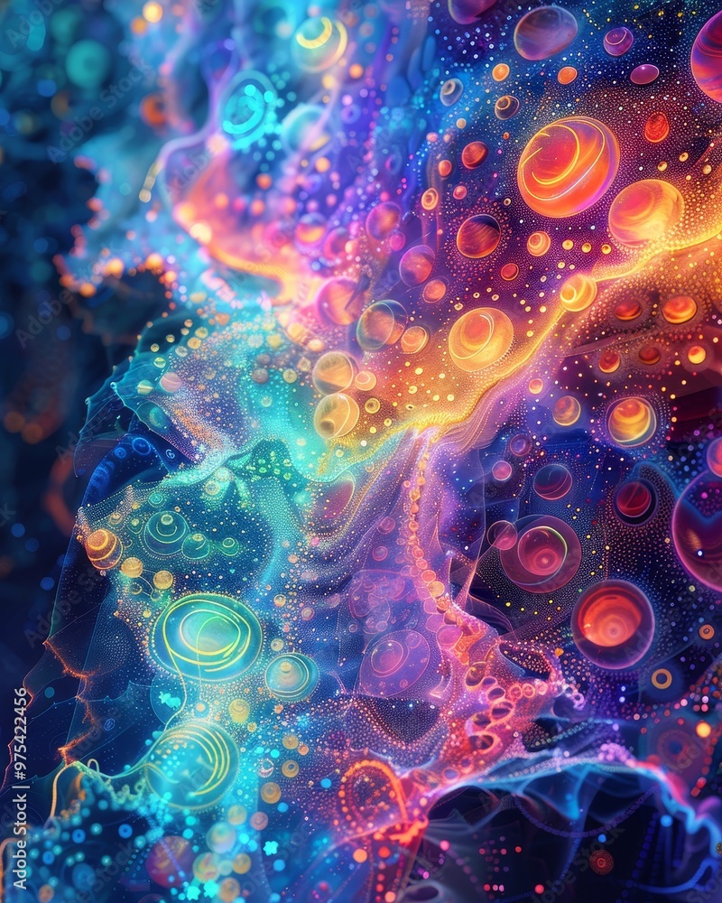 Poster vibrant abstract illustration featuring colorful swirls and bubbles, creating a dynamic and immersiv