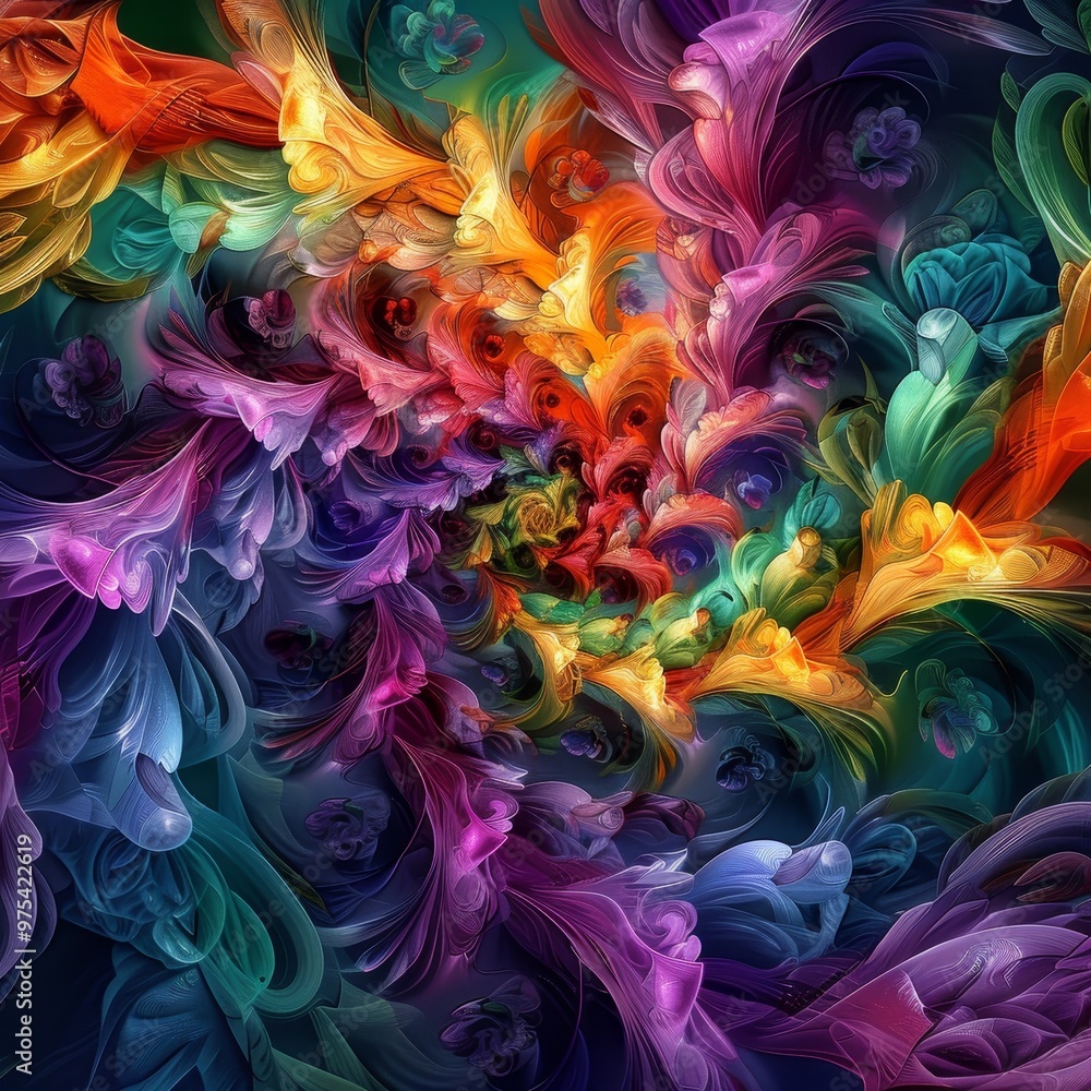 Poster vibrant abstract swirl of colors, showcasing dynamic movement and fluidity in an enchanting visual e