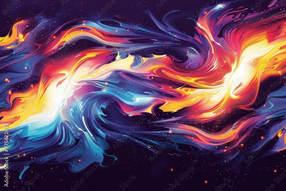 Poster vibrant abstract swirl pattern with dynamic colors showcasing energy and movement against a dark bac