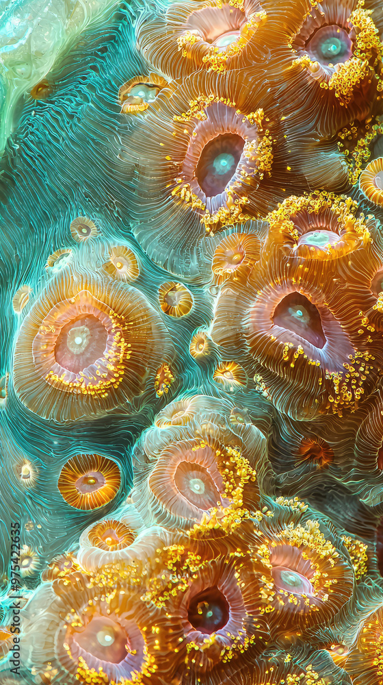 Poster coral polyps display intricate internal structures, showcasing vibrant colors and textures. this mes