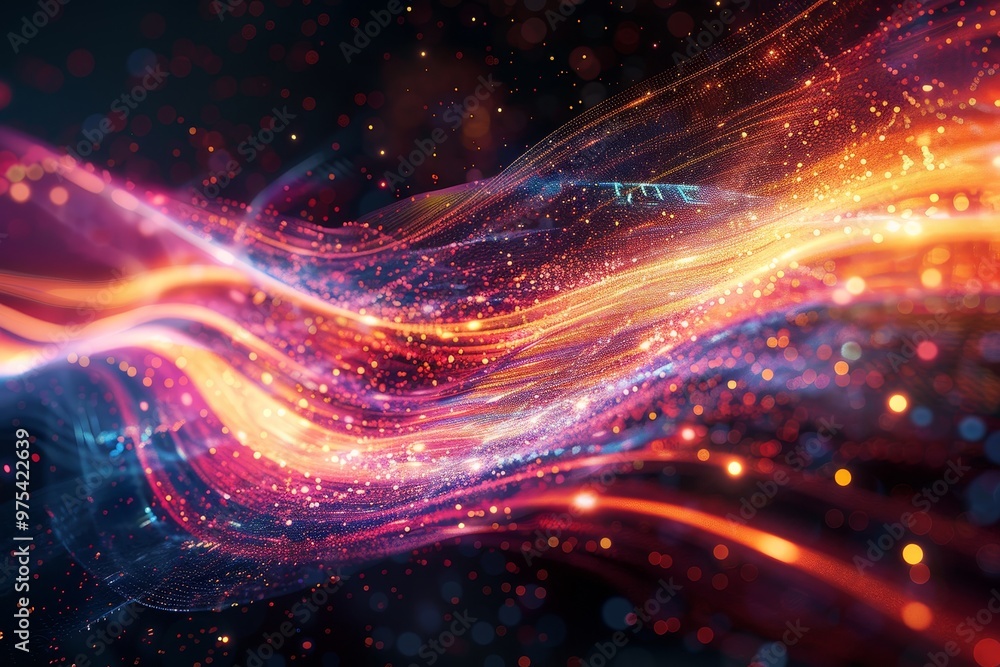 Poster vibrant abstract light trails with glowing particles creating a dynamic and colorful visual effect, 