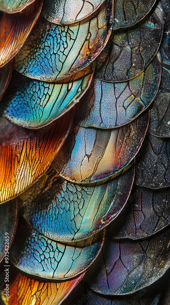 Poster intricate patterns of fish scales reveal stunning array of colors and textures, showcasing natures a