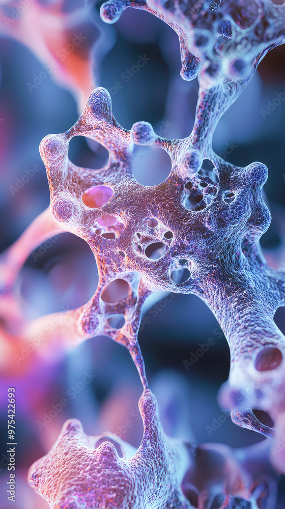 Poster regenerating human bone cells are depicted in this intricate microscope view, showcasing their uniqu