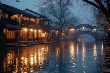 Chinese ancient town at night, ancient stone bridges and residential buildings