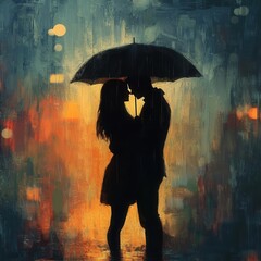 A romantic couple shares a kiss under an umbrella in the rain, creating a beautiful silhouette against a colorful backdrop.