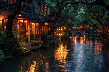 Fototapeta premium Chinese ancient town at night, ancient stone bridges and residential buildings