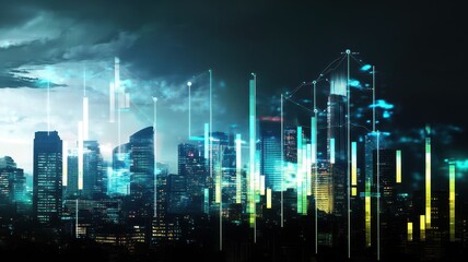 Obraz premium Futuristic Financial Forecasting Concept with Digital Graphs and Cityscape Background