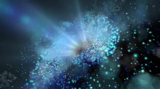 a bright galaxy made of billions of particles glows with neon and moves in space
