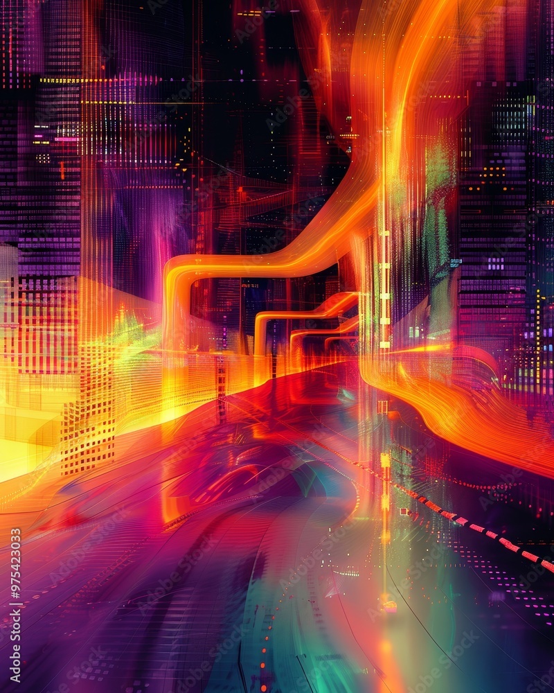 Poster vibrant digital abstract art featuring colorful streams of light and forms, creating a futuristic an