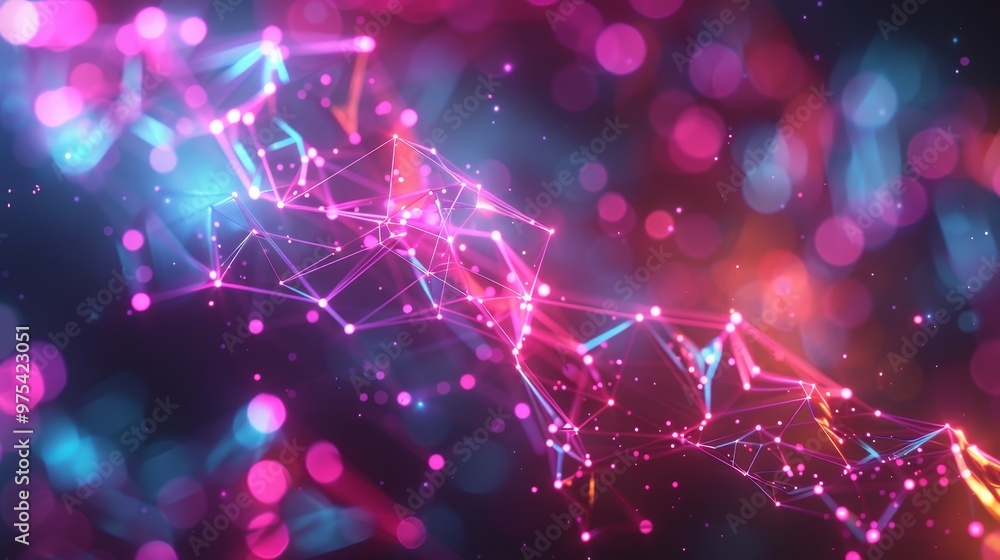 Poster vibrant digital abstract background featuring glowing particles and interconnected lines in vivid co
