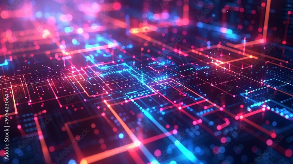Poster vibrant digital abstract background showcasing interconnected lines and luminous dots in red and blu