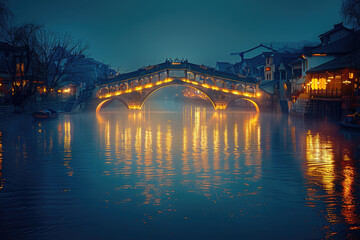 Obraz premium Chinese ancient town at night, ancient stone bridges and residential buildings