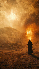Fototapeta premium A dramatic scene depicting figure in dark robe standing before fiery, burning bush amidst surreal, glowing landscape. atmosphere is filled with sparks and an intense orange hue, evoking sense of awe a