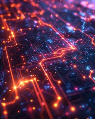 Obraz premium Vibrant digital circuit design with glowing lines and intricate details, representing technology and innovation in modern computing.