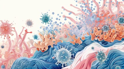 Vibrant digital artwork showcasing abstract viruses and organic forms, ideal for medical and scientific themes.