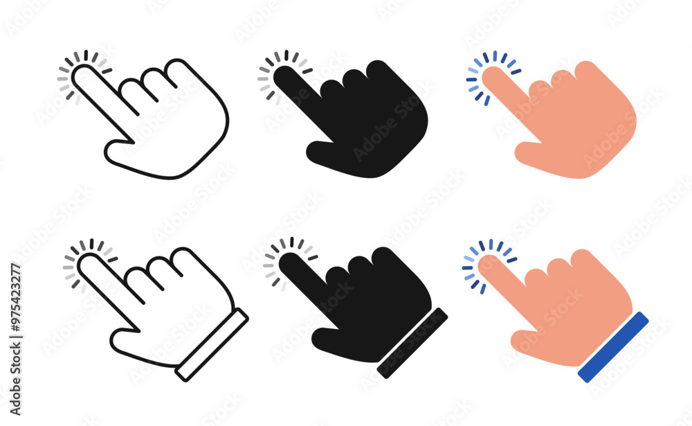 Poster set of mouse cursors for clicking. hand shape click icons.