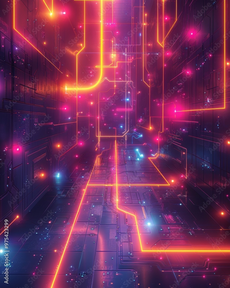 Poster vibrant neon circuit abstract with glowing lines and digital elements, creating a futuristic atmosph