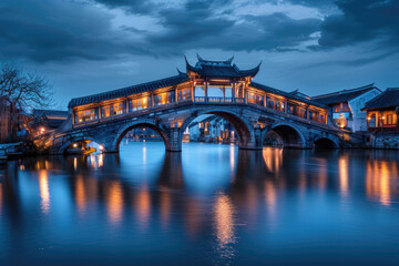 Chinese ancient town at night, ancient stone bridges and residential buildings