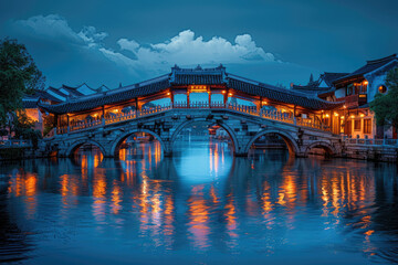 Chinese ancient town at night, ancient stone bridges and residential buildings