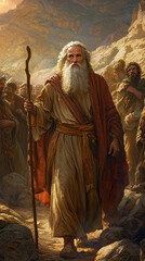 Naklejka premium Moses guiding Israelites through wilderness, leading them with determination and faith. scene captures essence of leadership and divine guidance amidst rugged landscape