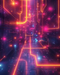Obraz premium Vibrant neon circuit abstract with glowing lines and digital elements, creating a futuristic atmosphere for technology themes.